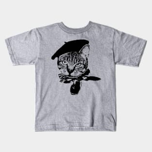 Ooo la la Cat with Beret, Black on Grey Kids T-Shirt